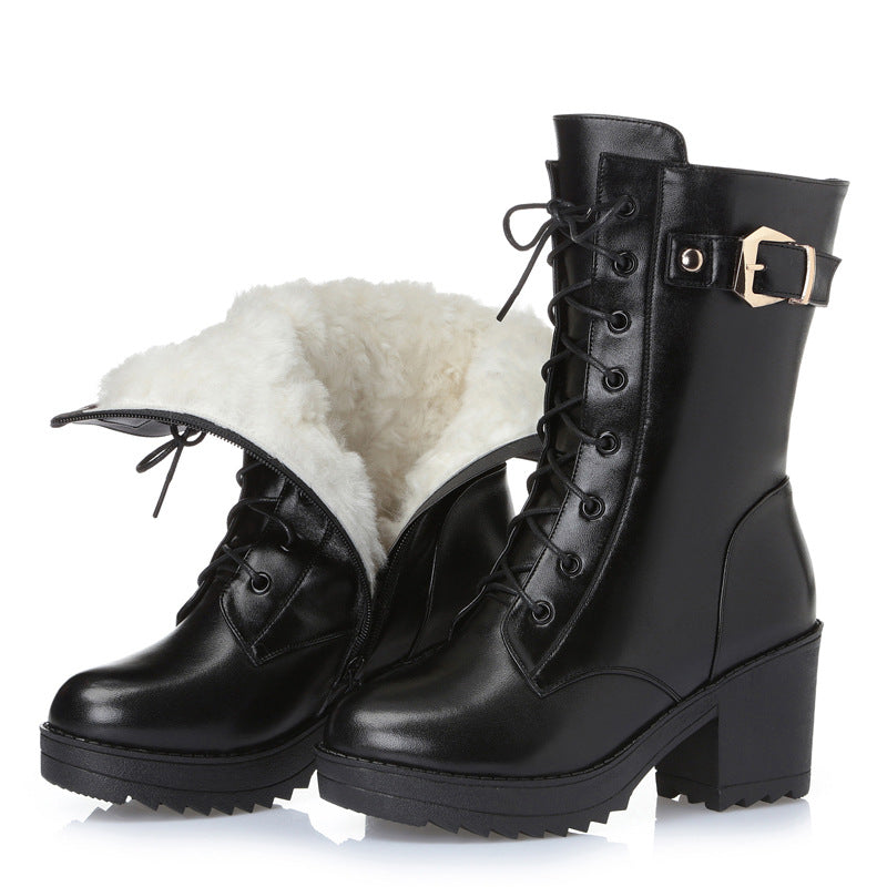 Women’s Plush Leather Winter Martin Boots with Side Zipper in 2 Colors - Wazzi's Wear