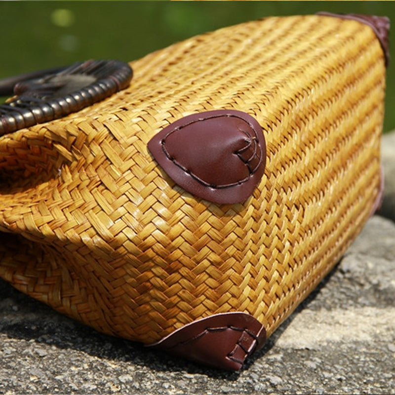 Women’s Rattan Straw Hand Bag with Round Wooden Handle in 2 Colors - Wazzi's Wear