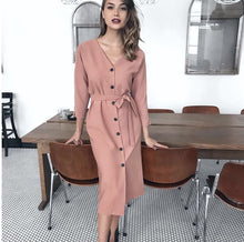 Load image into Gallery viewer, Women’s V-Neck Long Sleeve Buttoned Midi Dress with Waist Tie in 4 Colors S-XXL - Wazzi&#39;s Wear