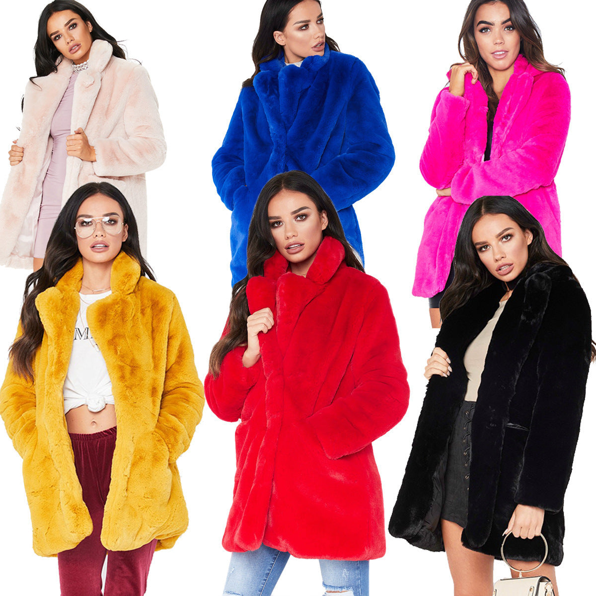 Women’s Faux Fur Coat with Lapel and Pockets