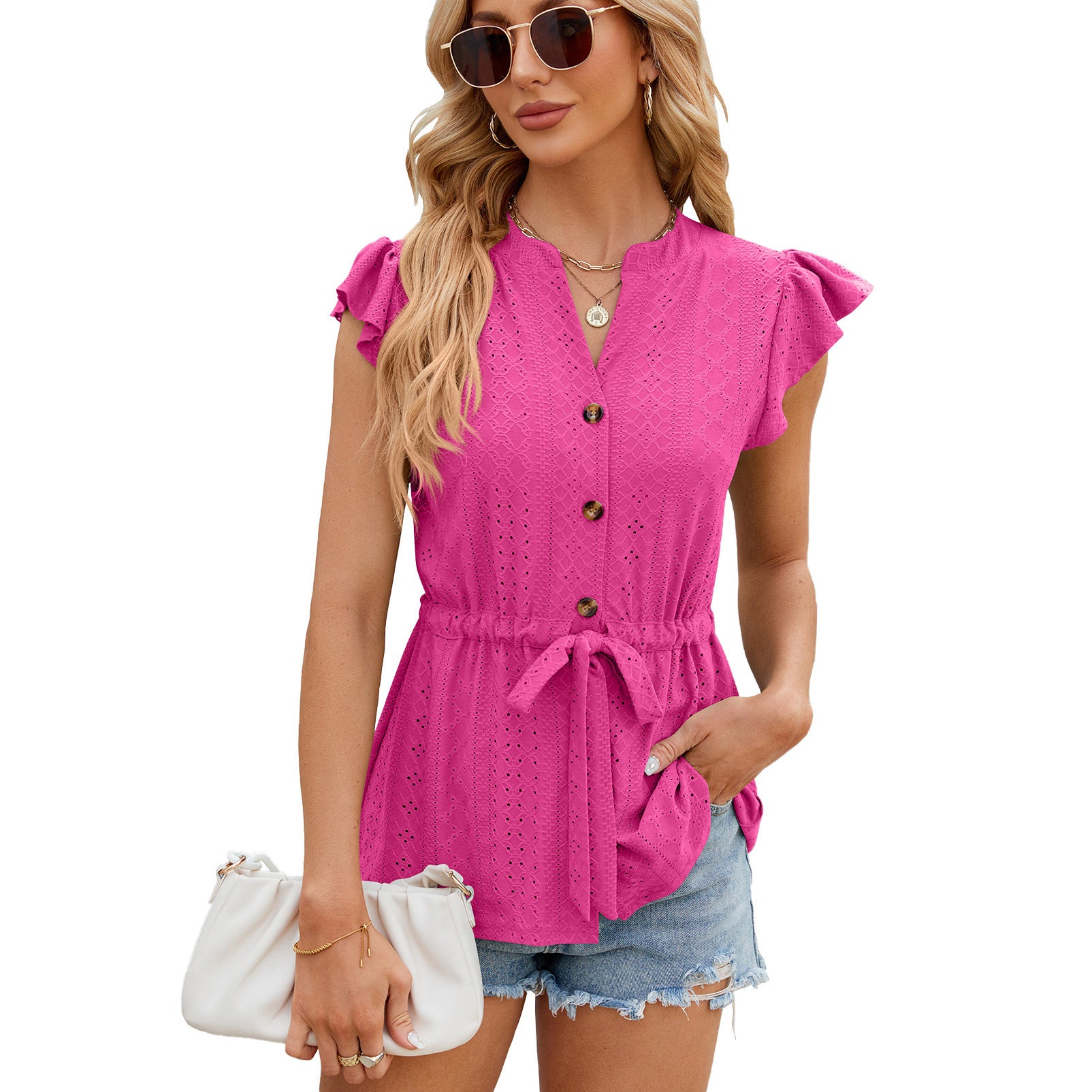 Women’s V-Neck Short Sleeve Top with Drawstring Waist