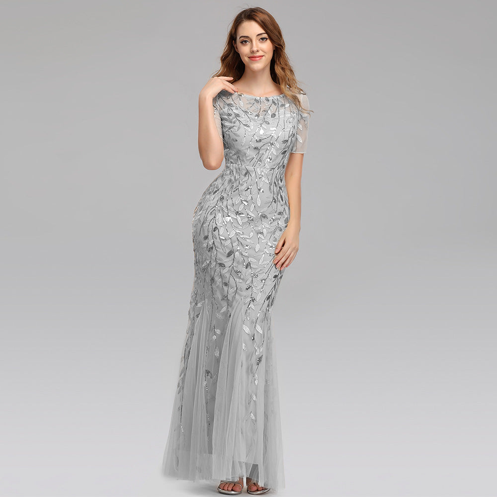 Women’s Elegant Short Sleeve Evening Gown with Chiffon and Lace Overlay