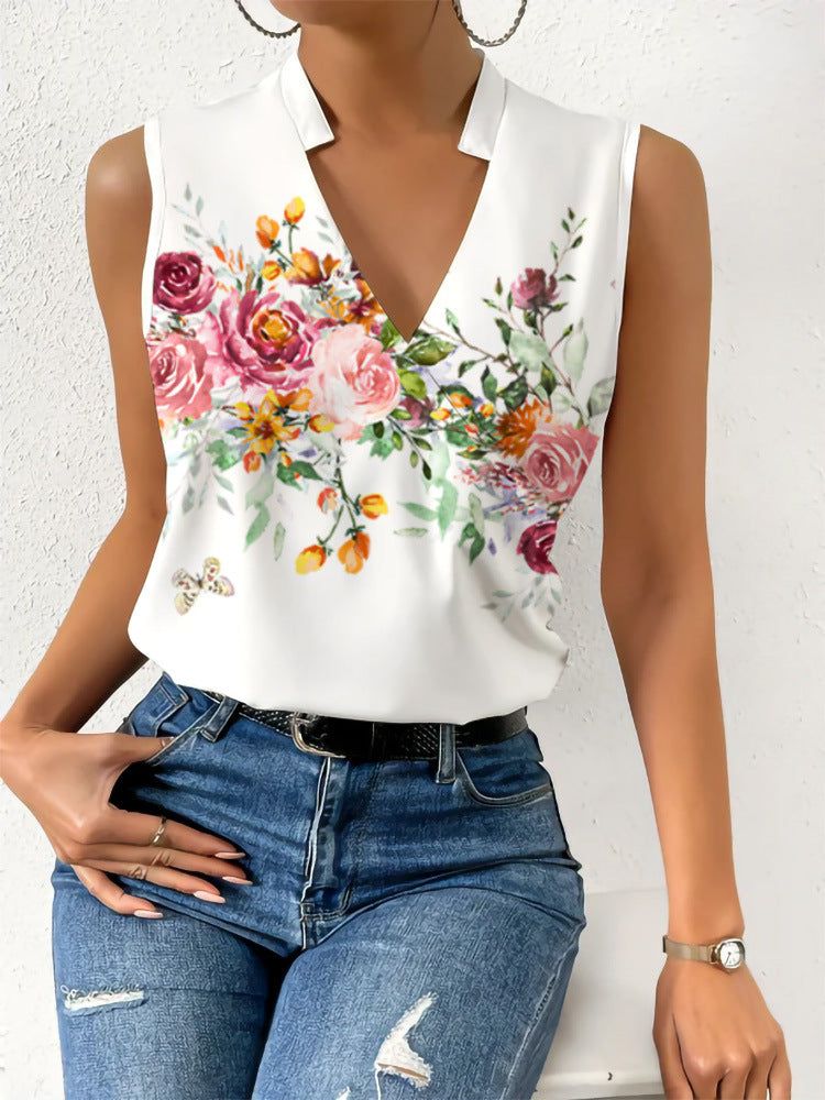 Women's V-Neck Printed Sleeveless Blouse