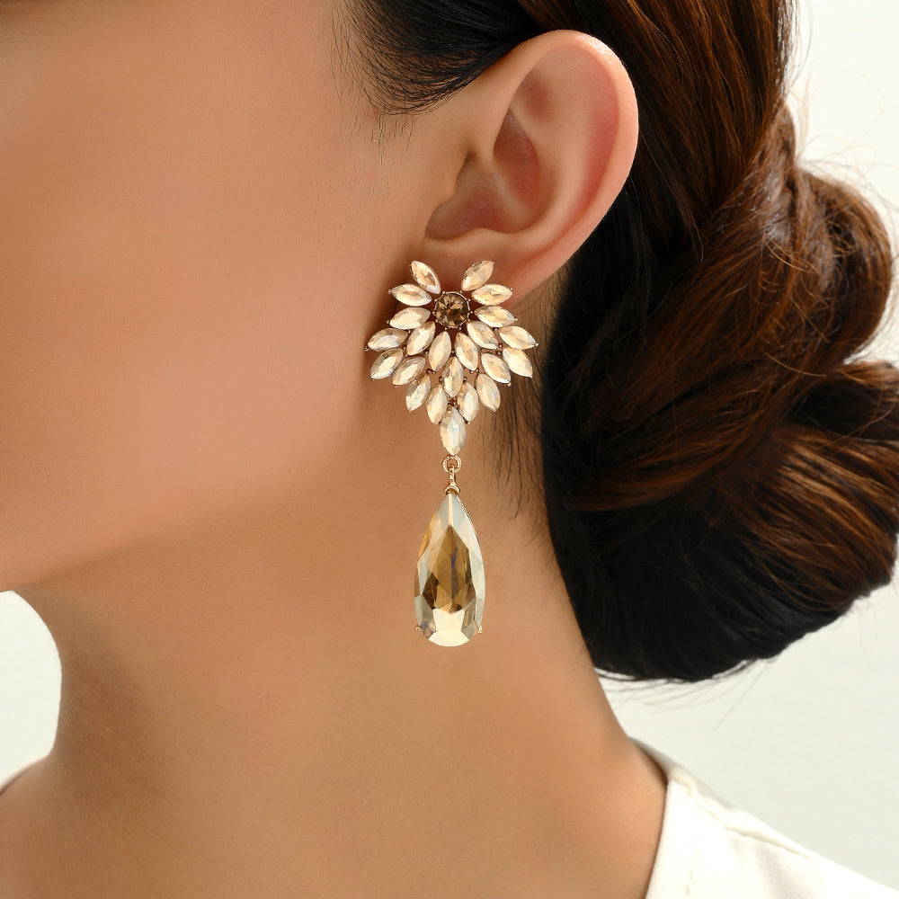 Floral Crystal Teardrop Dangle Earrings Statement Rhinestone Drop Jewelry For Women Party Wedding Bridal Prom
