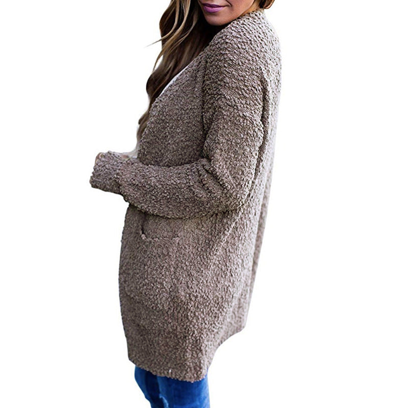 Women’s Solid Color Fleece Mid-Length Cardigan