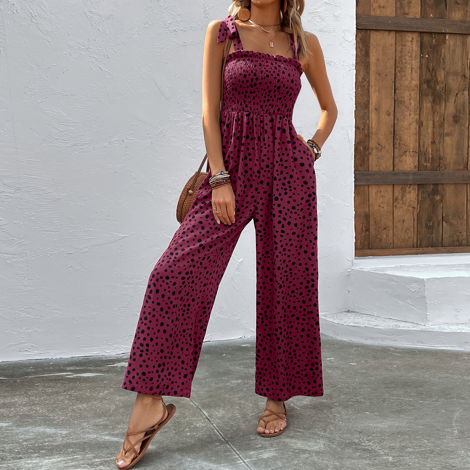 Women’s Polka Dot Sleeveless Wide Leg Jumpsuit with Pockets in 4 Colors S-XL