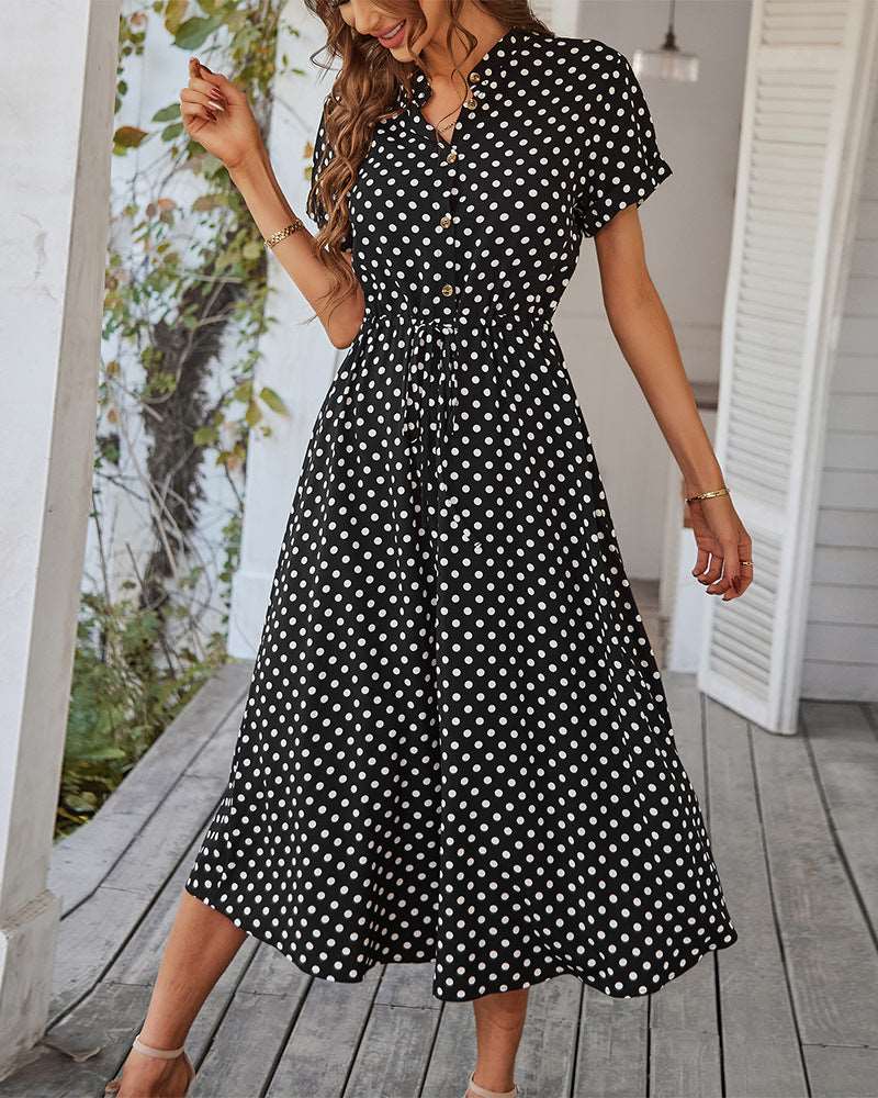 Women’s Polka Dot Short Sleeve Midi Dress with Waist Tie