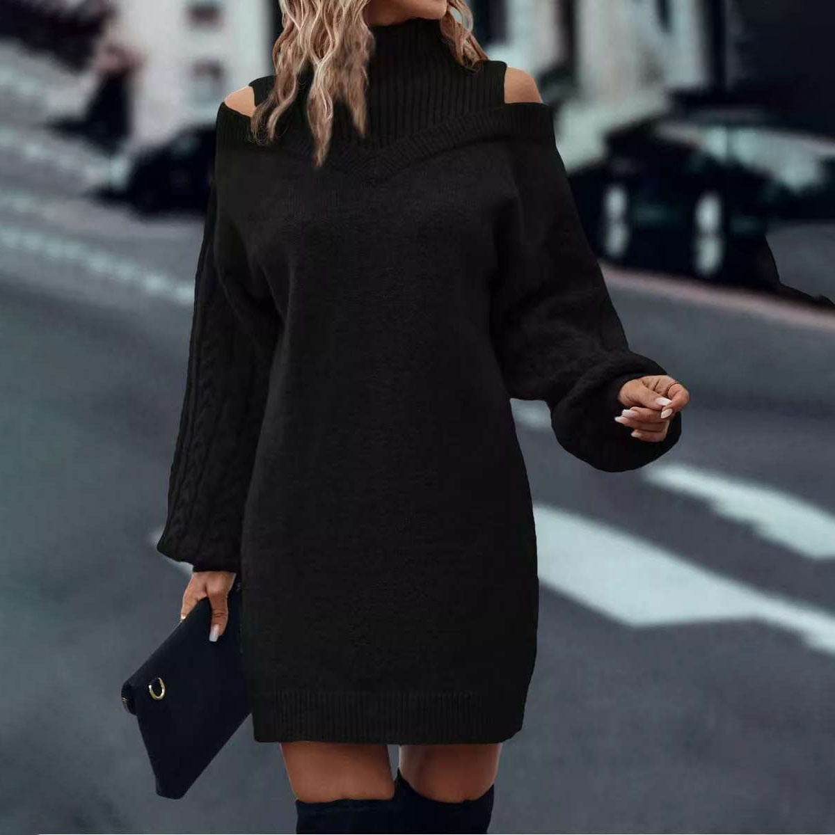 Loose Mid-length Sweater Half Turtleneck Off-the-shoulder Long Sleeve Knitted Dress