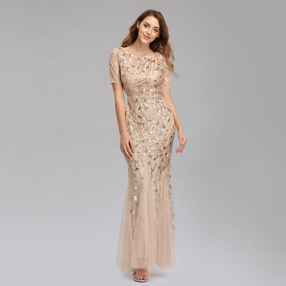 Women’s Elegant Short Sleeve Evening Gown with Chiffon and Lace Overlay