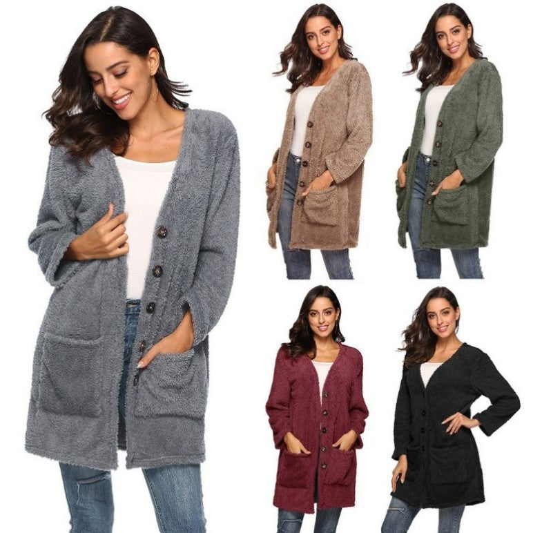 Women’s Mid-Length Plush Cardigan with Pockets in 8 Colors  S-5XL - Wazzi's Wear