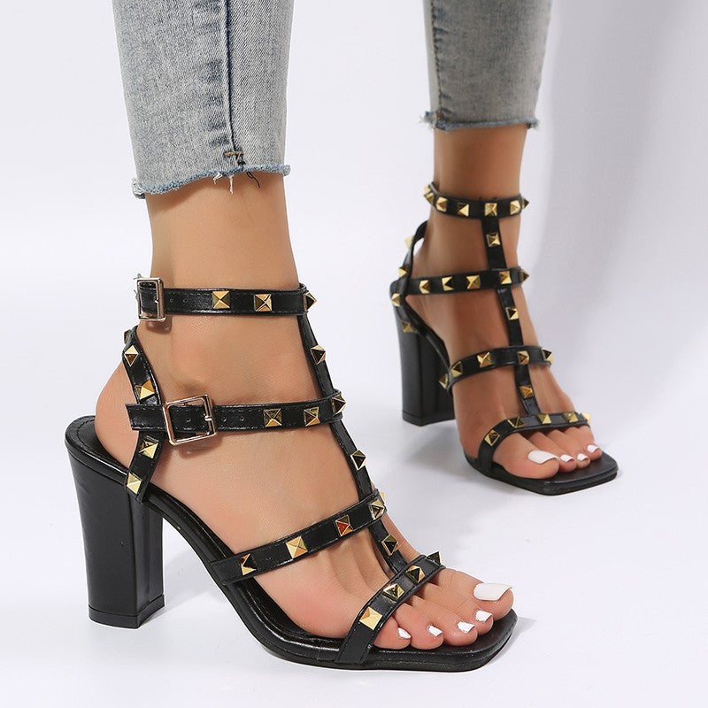 Women’s High Heel Rivet Sandals with Buckle Strap and Square Toes in 2 Colors - Wazzi's Wear