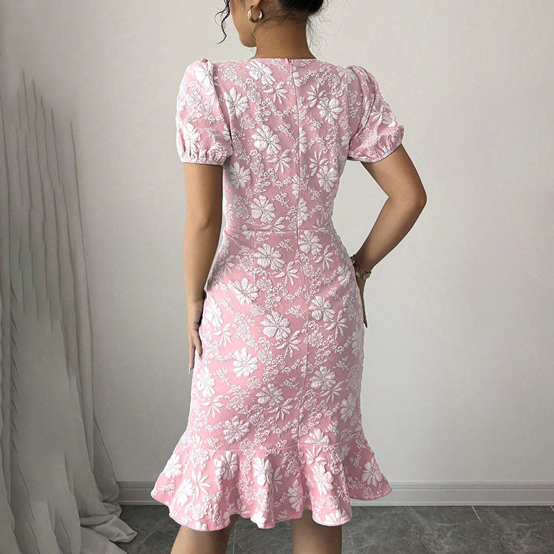 Women's Floral Jacquard Dress Women's Short Puff Sleeve Crew Neck Ruffle Hem Bodycon Dresses