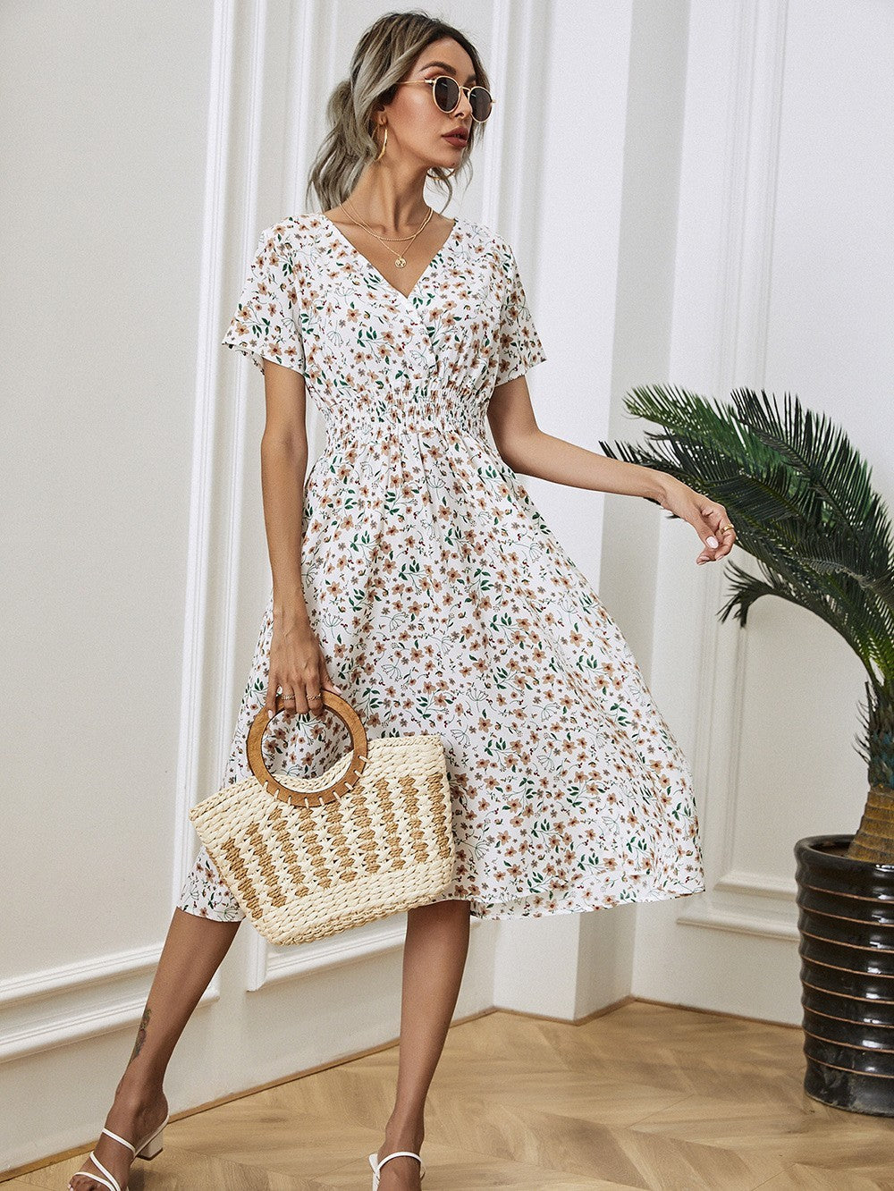 Summer Floral Print Short Sleeved V-neck Pullover High Waisted Dress A-line Skirt Mid Length Skirt
