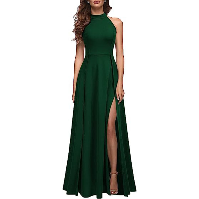 Women’s Solid Colour Halter Neck Evening Gown with Leg Slit