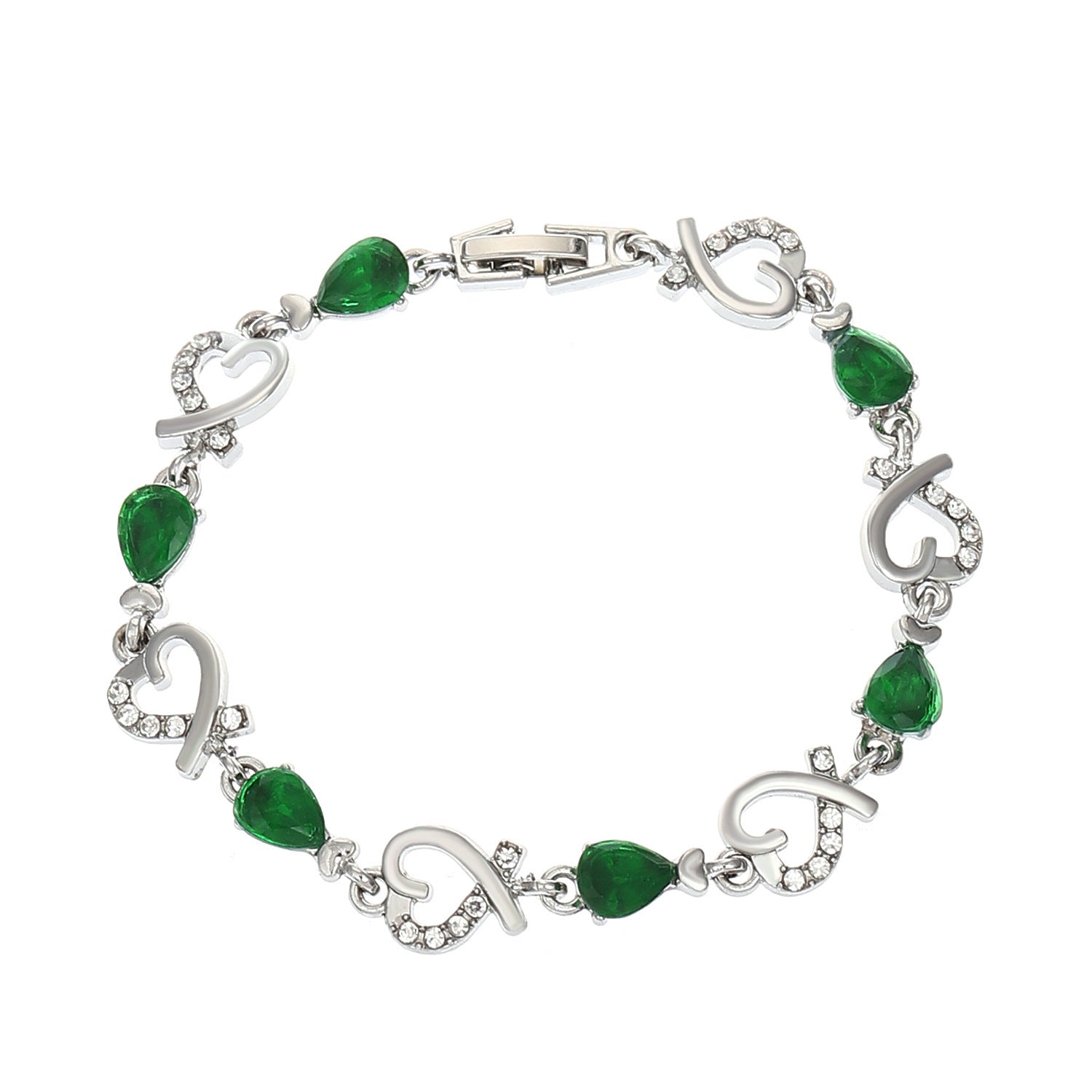 Heart-shaped bracelet with green rhinestones and secure clasp.