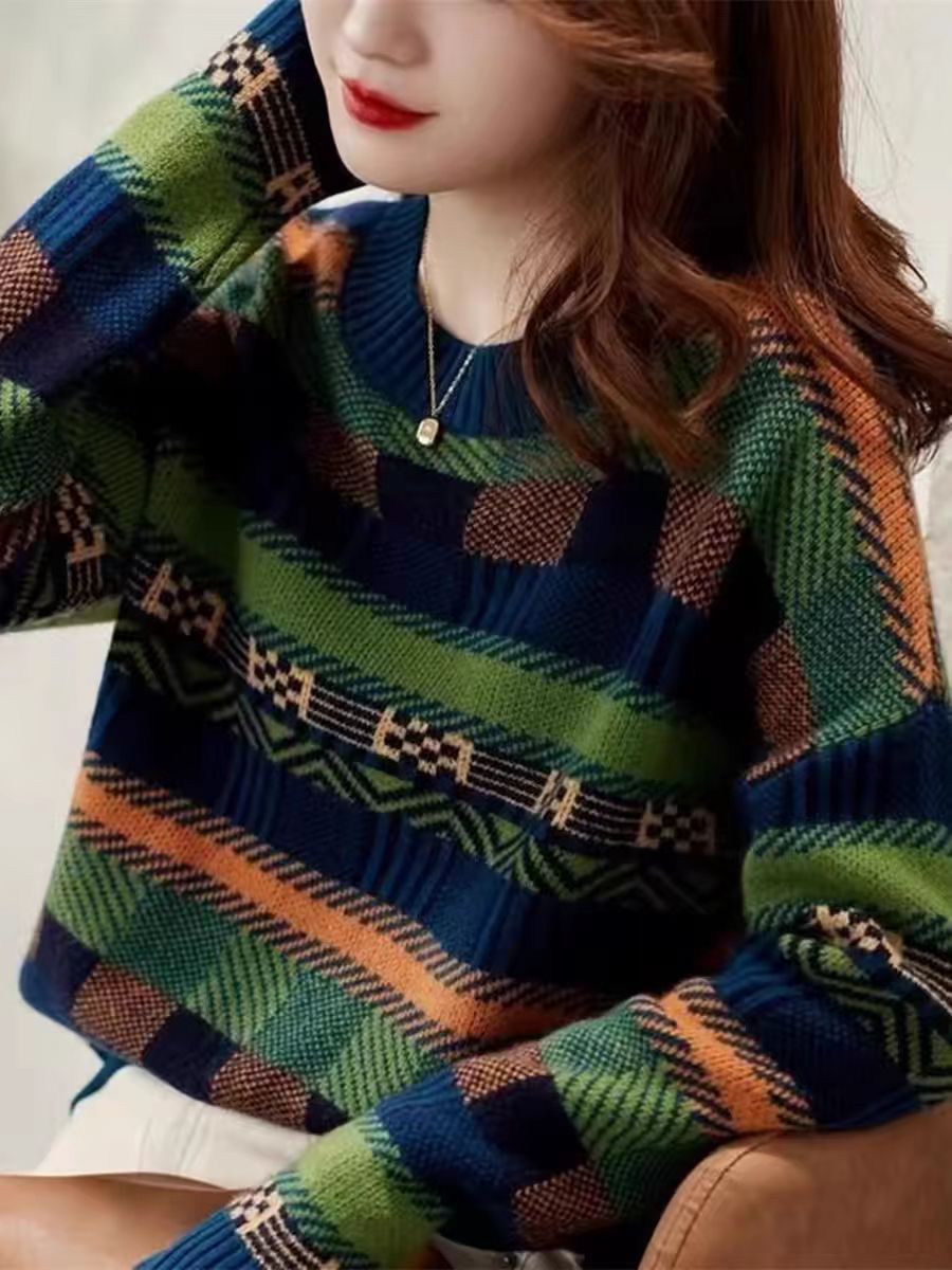 Round Neck Green Loose Striped Sweater For Women