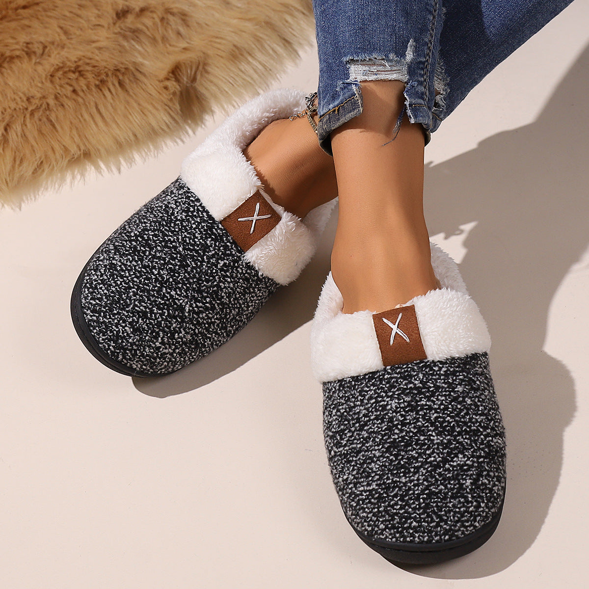 Open Heel Thick Plush Slippers