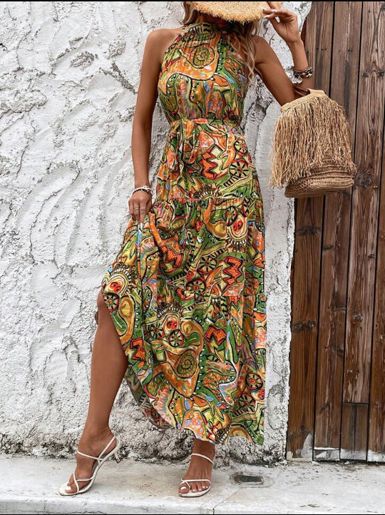 Vestido largo bohemio con cuello halter y cintura alta para mujer en 3 colores S-3XL