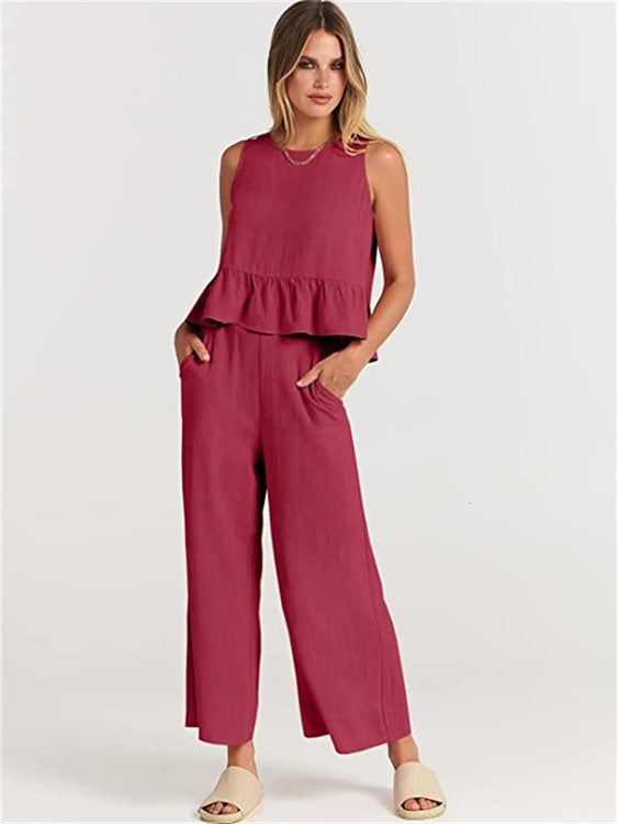 Women’s Sleeveless Ruffled Top with Wide-Leg Cropped Pants Two Piece Set in 8 Colors S-3XL - Wazzi's Wear