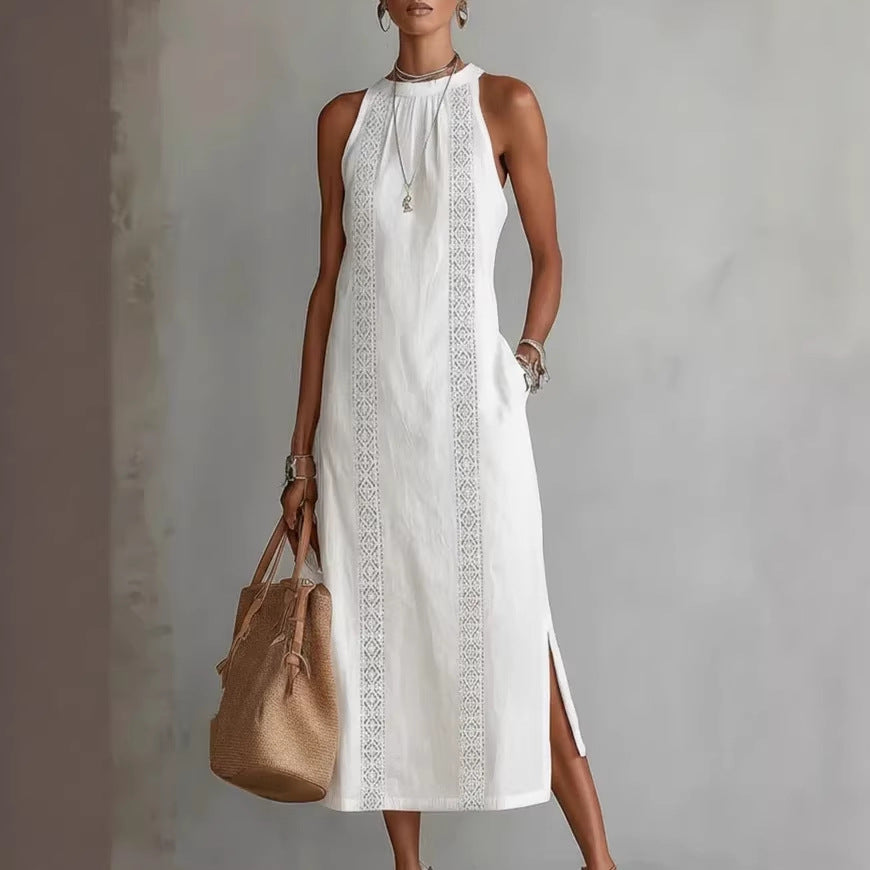 Womens Halterneck Holiday Lace-Patchwork Sleeveless Dress