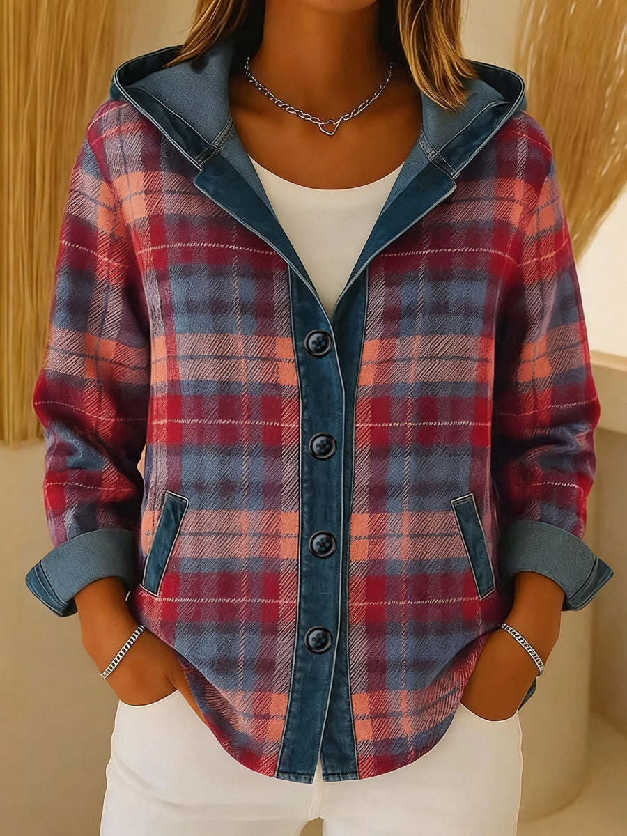 New Womens Trendy Plaid Contrast-color Jacket