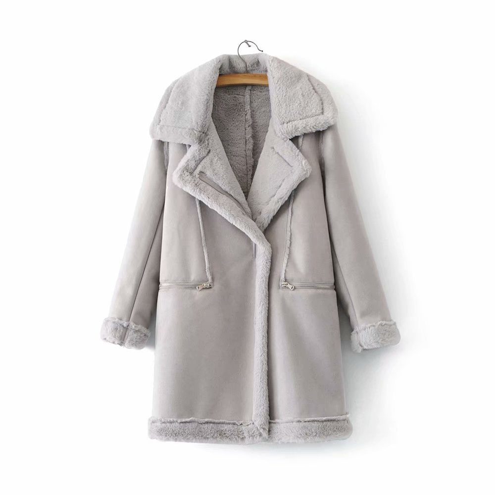 Women's Suede Mid-Length Coat with Warm Lambswool Lining