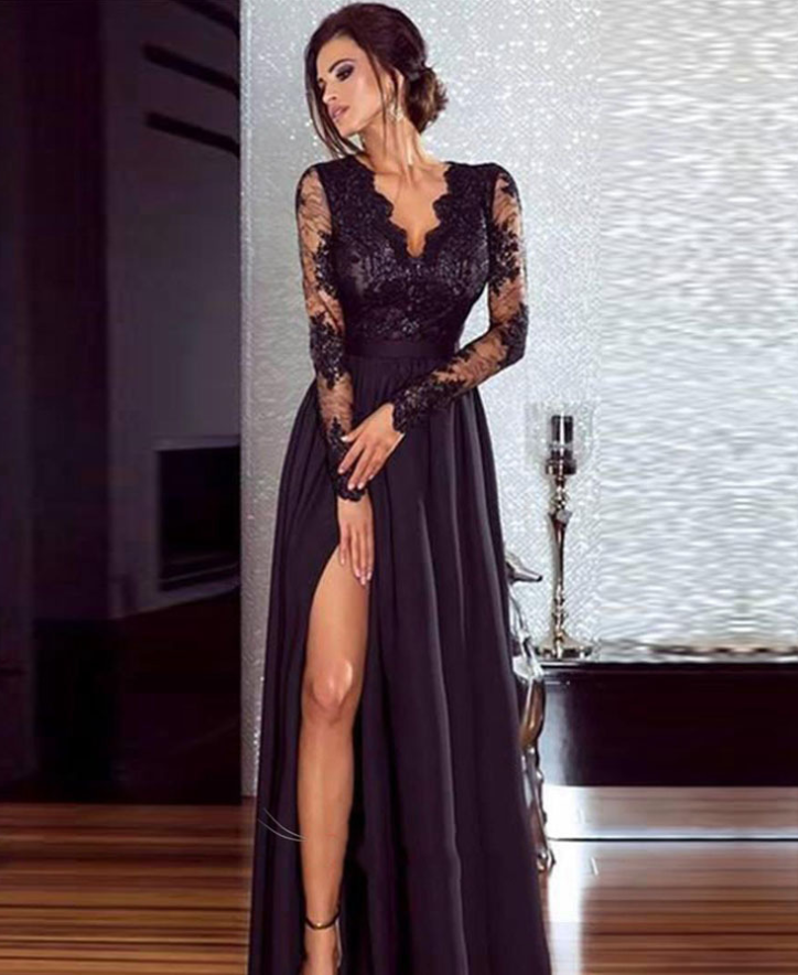 Women’s V-Neck Prom Evening Dress with Long Lace Sleeves and Side Slit in 3 Colors S-XXL - Wazzi's Wear
