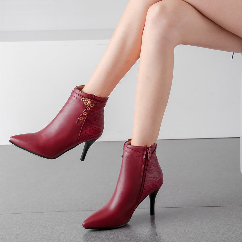 Women’s Colorblock High Heel Ankle Boots with Snake Skin Pattern in 3 Colors - Wazzi's Wear
