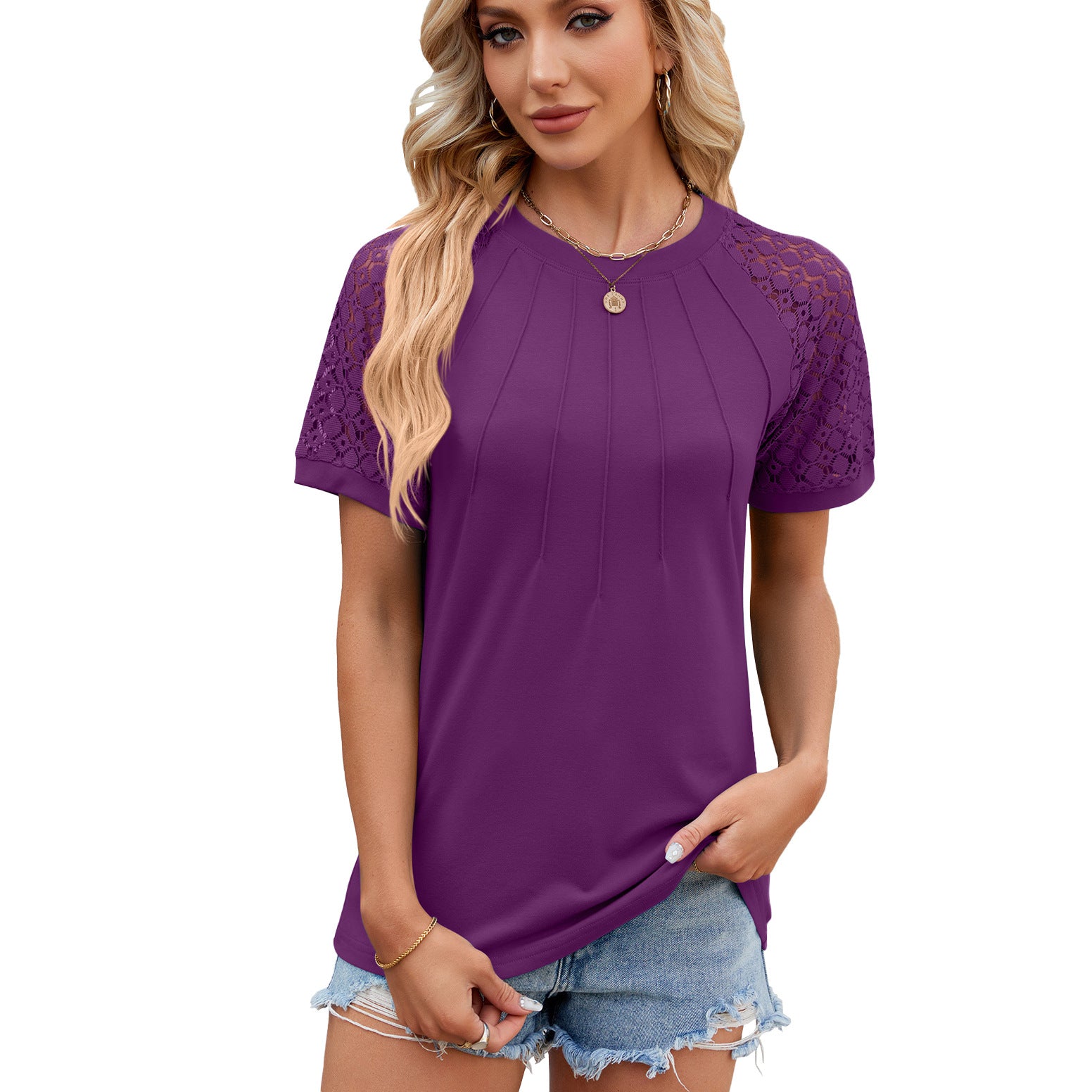 Top feminino com gola redonda e manga curta com renda e pregas em 8 cores S-XXL