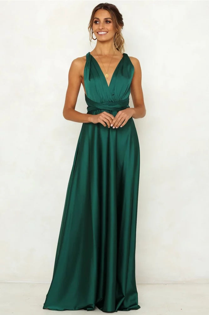 Women’s V-Neck Sleeveless Open-Back High Waist Gown in 2 Colors S-XXL - Wazzi's Wear