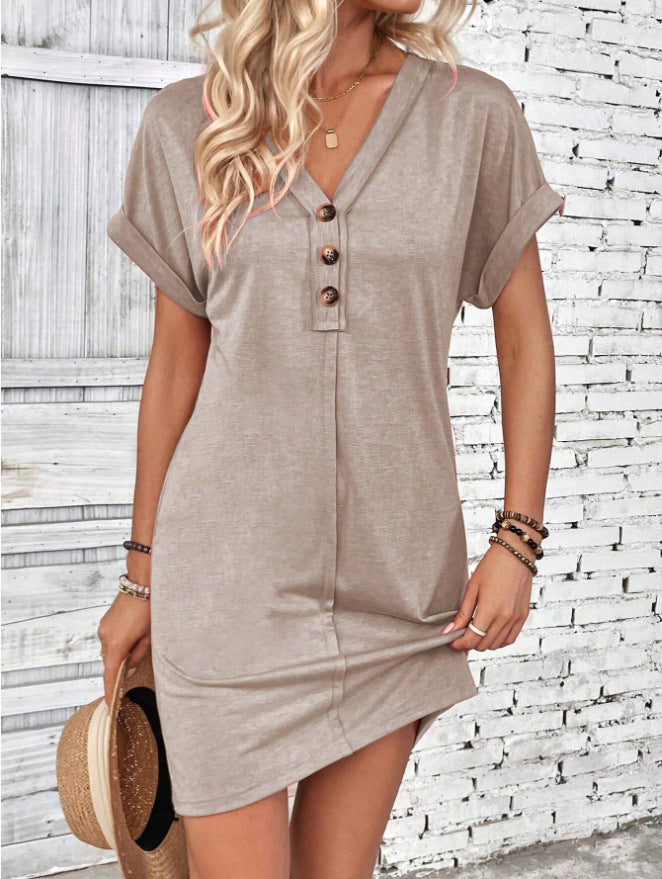 Women's Solid Colour Short Sleeve V-Neck Shirt Dress