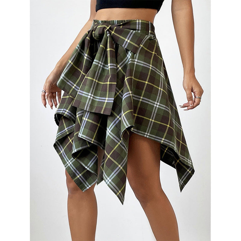 European And American All-match Women's High Waist Irregular Plaid Skirt