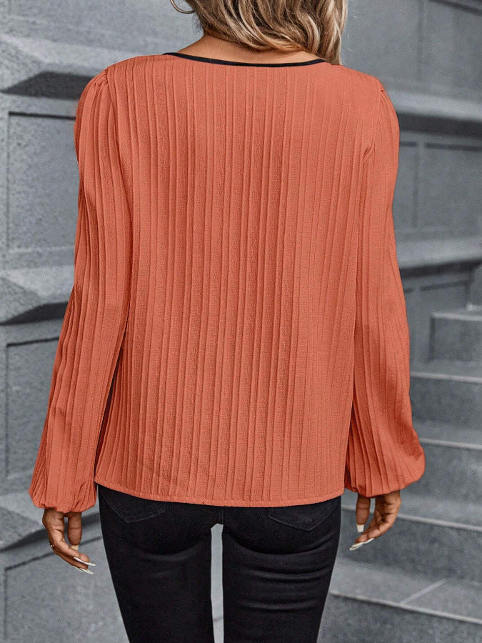 Women's V-Neck Colorblock Pleated Long Sleeve Blouse