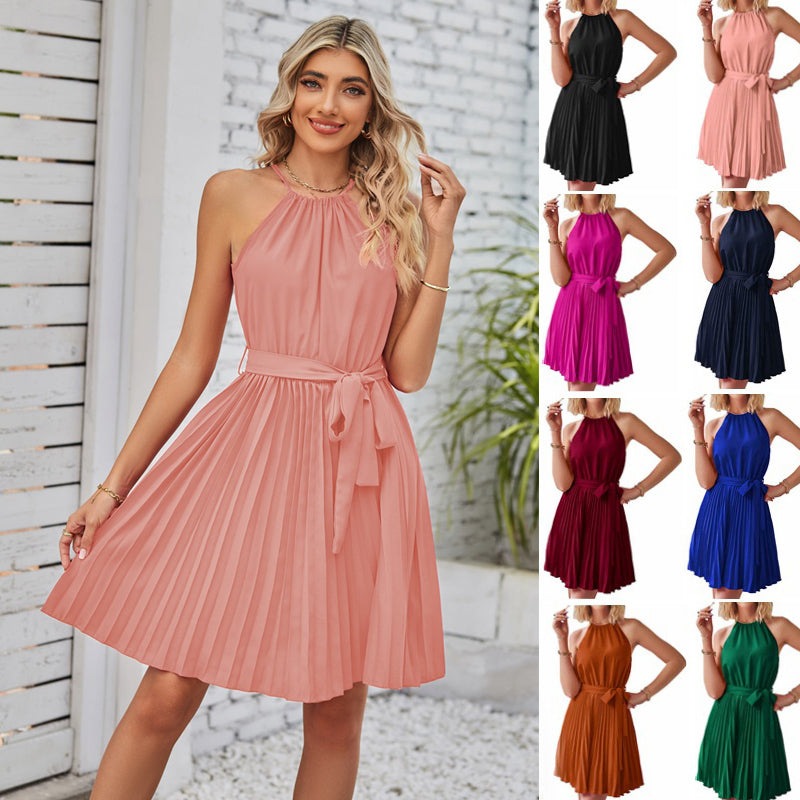 Vestido midi de chiffon plissado com decote haltere e laço na cintura para mulher em 8 cores S-XXL