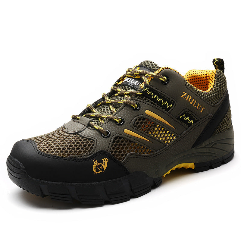 Unisex breathable mesh outdoor hiking shoes in olive green with lace-up design and durable rubber sole.