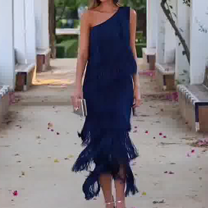 Women’s Solid Color Dress with Diagonal Collar & Multi-layer Tassel Stitching Design