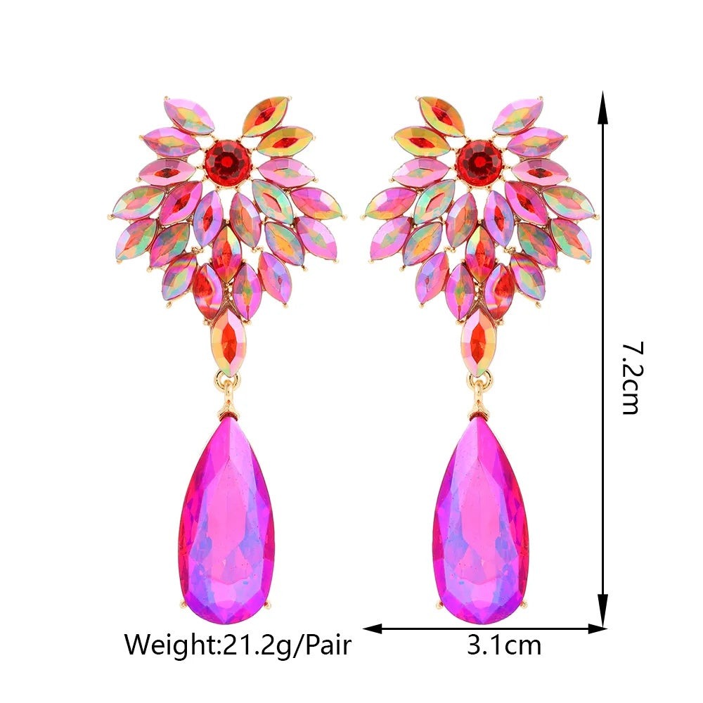Floral Crystal Teardrop Dangle Earrings Statement Rhinestone Drop Jewelry For Women Party Wedding Bridal Prom