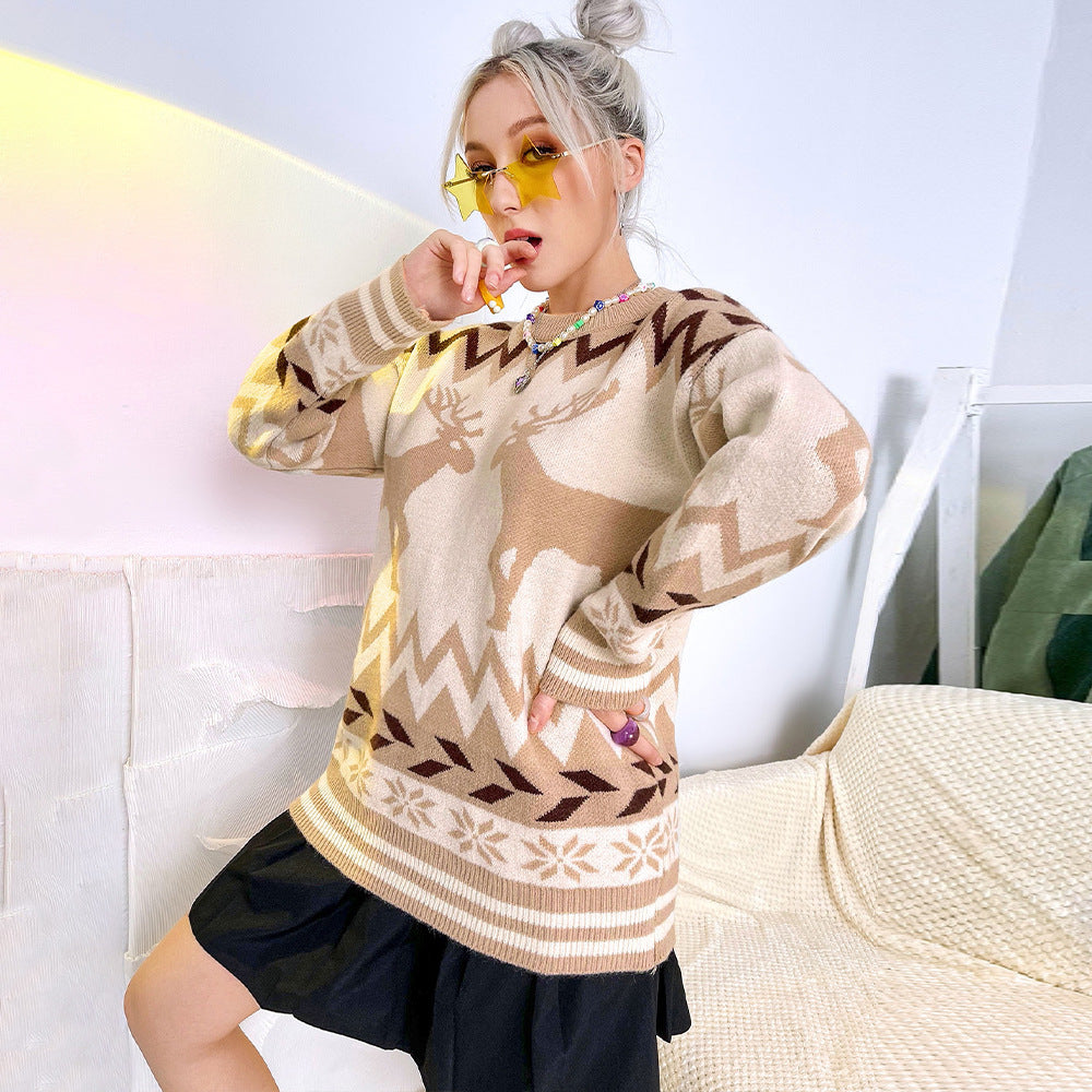 Round Neck Pullover Elk Christmas Style Women's Knitted Sweater Women