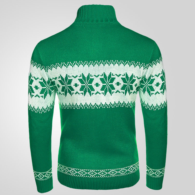 Green men's pullover sweater with white jacquard Christmas pattern, long sleeves, and thick knit design.