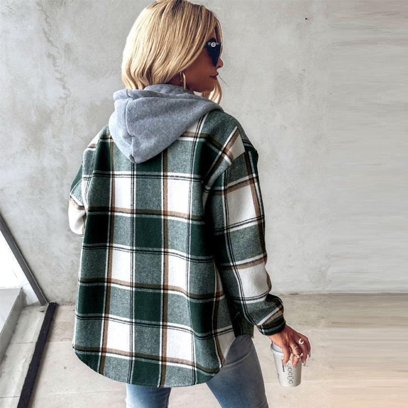 Women's Plaid Hooded Long Sleeve Shacket in 2 Colors S-XL - Wazzi's Wear