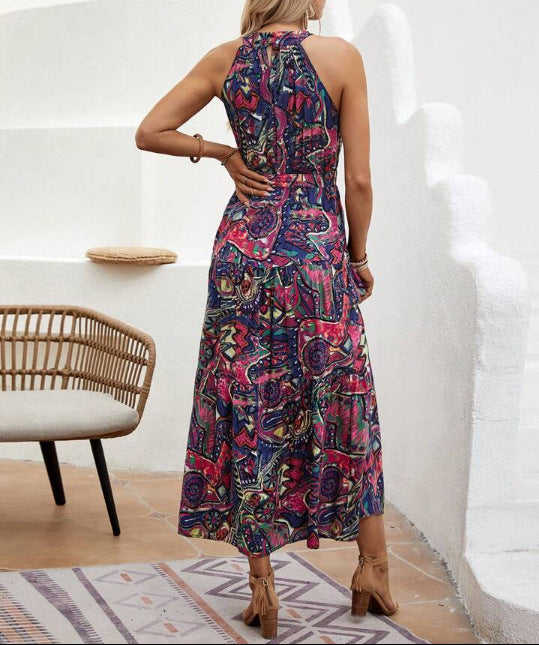 Vestido largo bohemio con cuello halter y cintura alta para mujer en 3 colores S-3XL