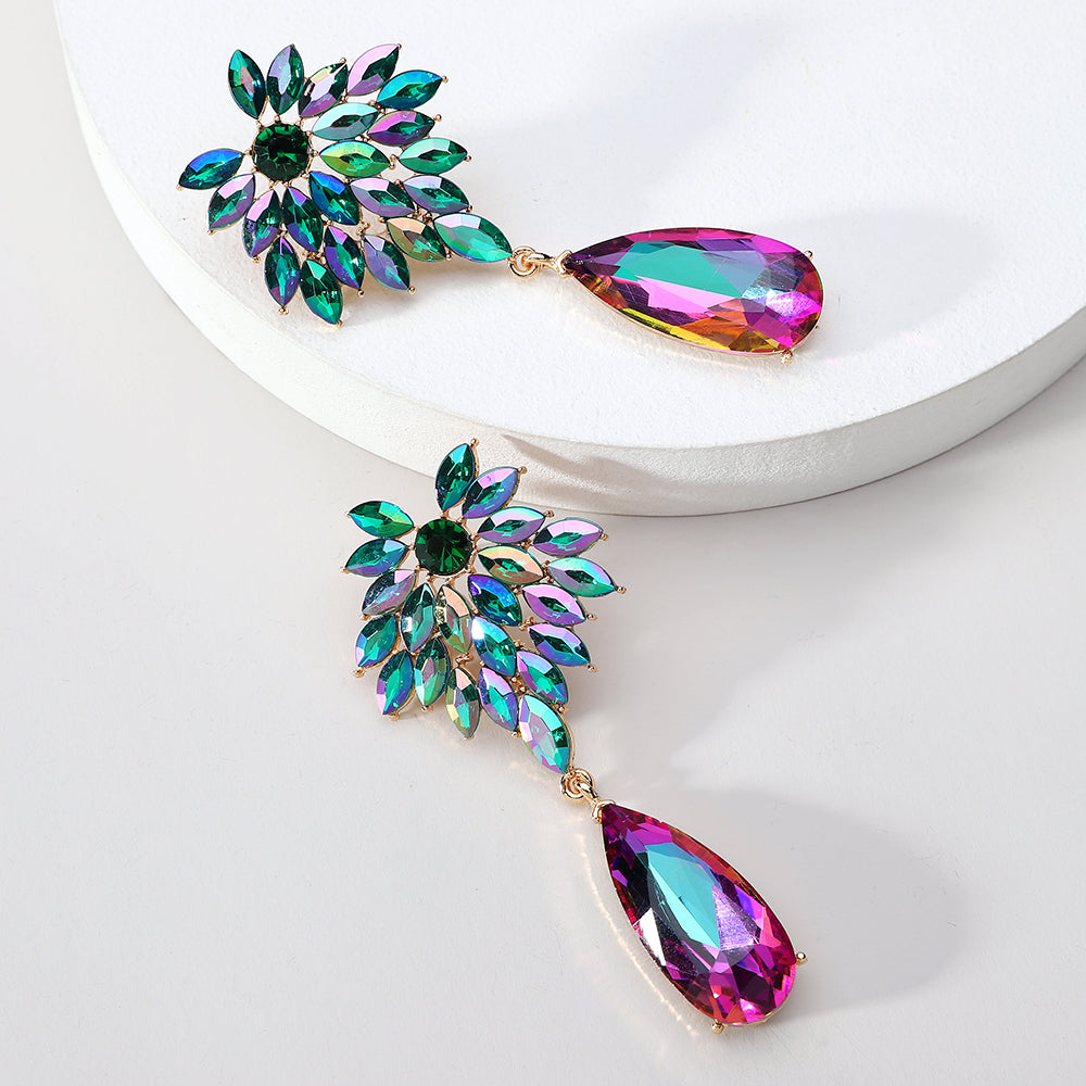 Floral Crystal Teardrop Dangle Earrings Statement Rhinestone Drop Jewelry For Women Party Wedding Bridal Prom