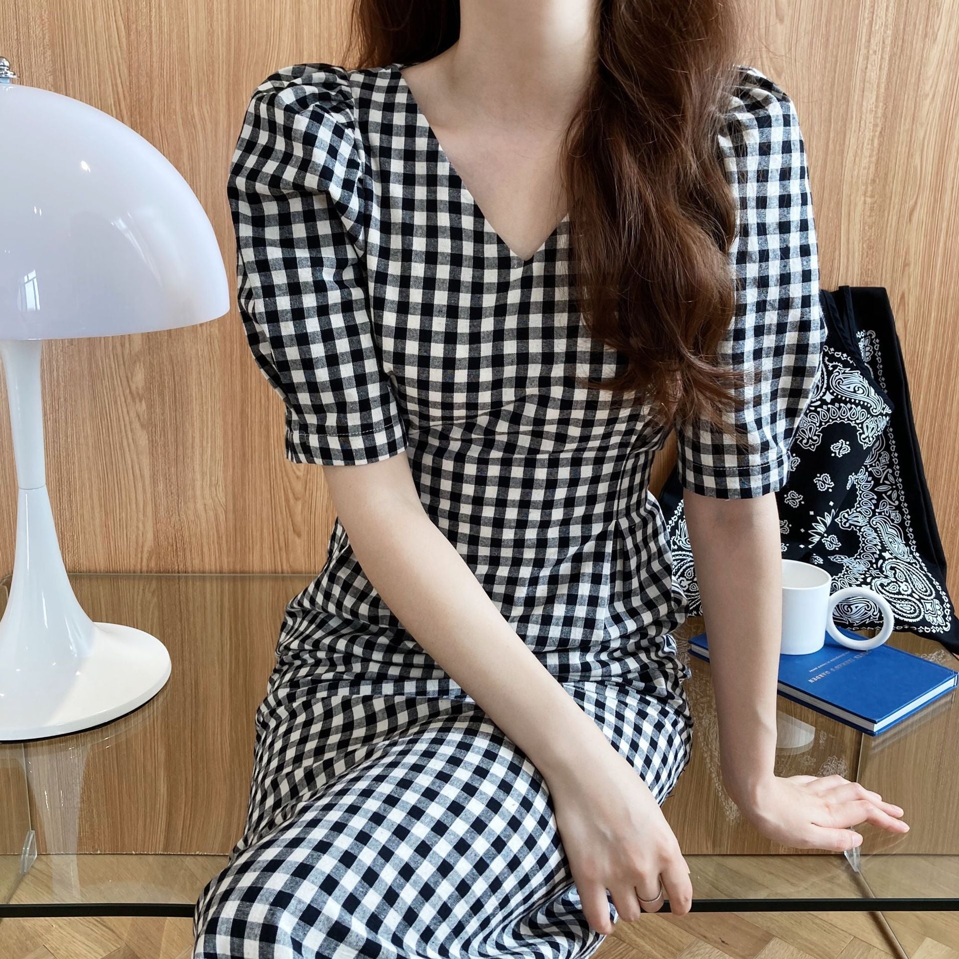 French Vintage Cotton Linen Black And White Plaid Dress