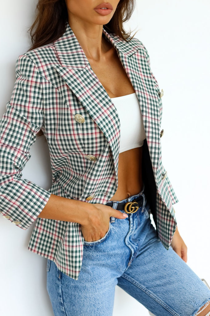 Women’s Double-Breasted Plaid Suit Jacket in 8 Colors S-3XL - Wazzi's Wear