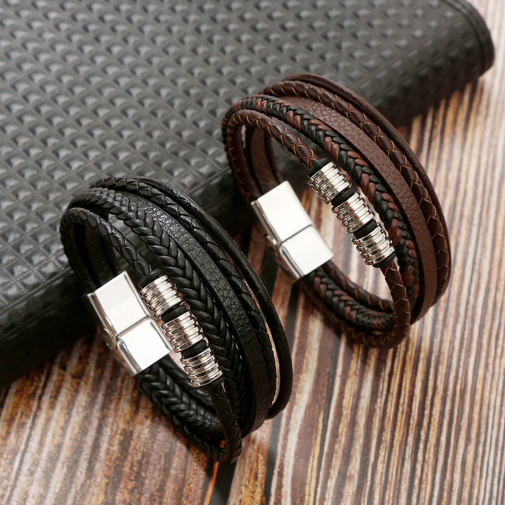 Men’s Stainless Steel and Leather Woven Bracelet with Magnetic Buckle in 4 Colors - Wazzi's Wear