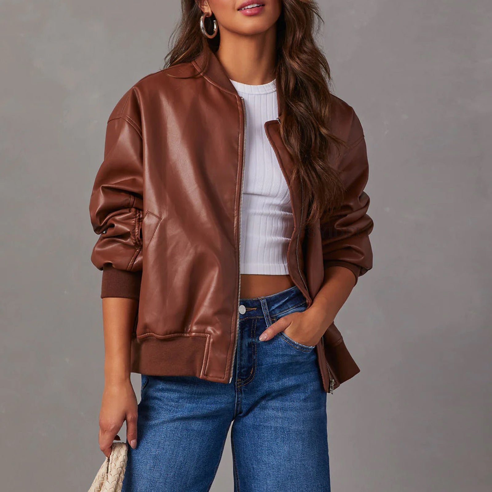 Women’s Long Sleeve PU Leather Jacket in 3 Colors S-XL - Wazzi's Wear