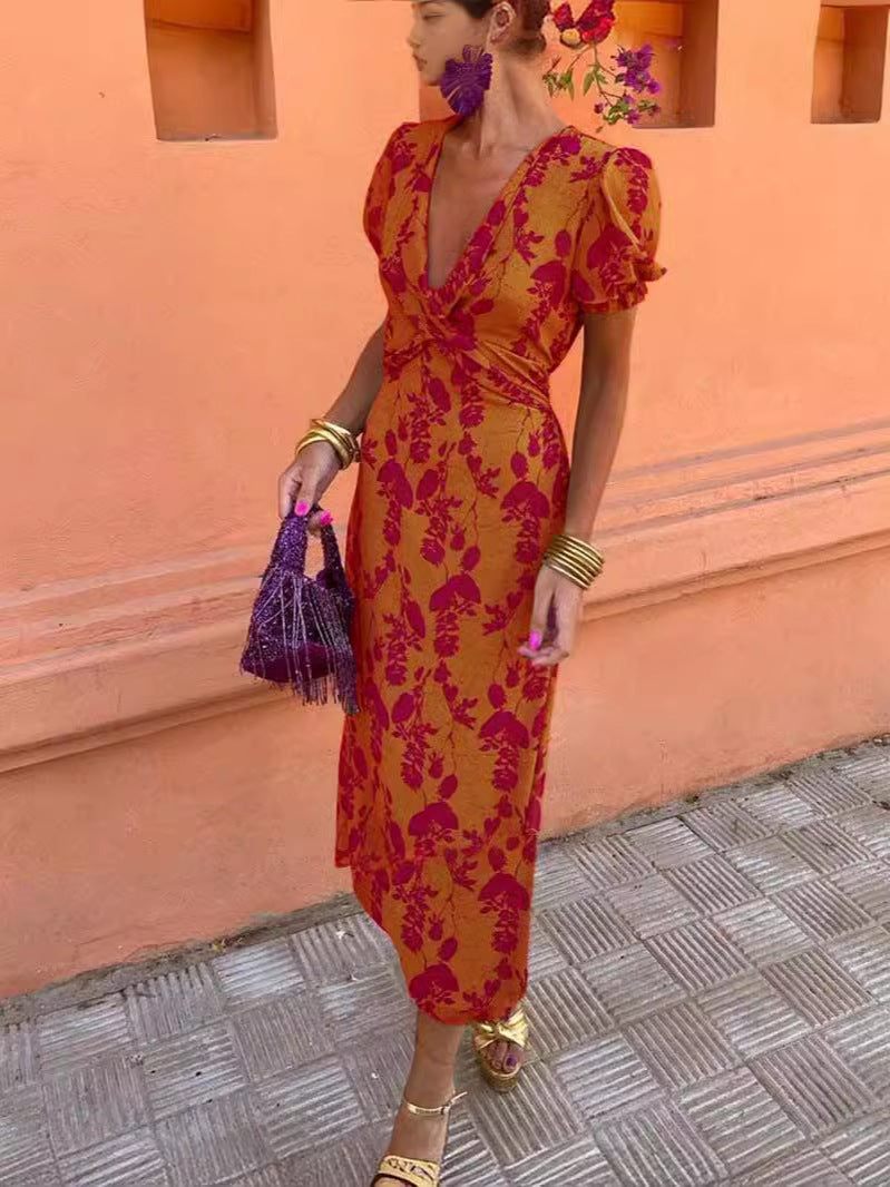 Summer V-neck Short-sleeved Dress Fashion Flowers Printed Slim Beach Dresses For Women Clothing