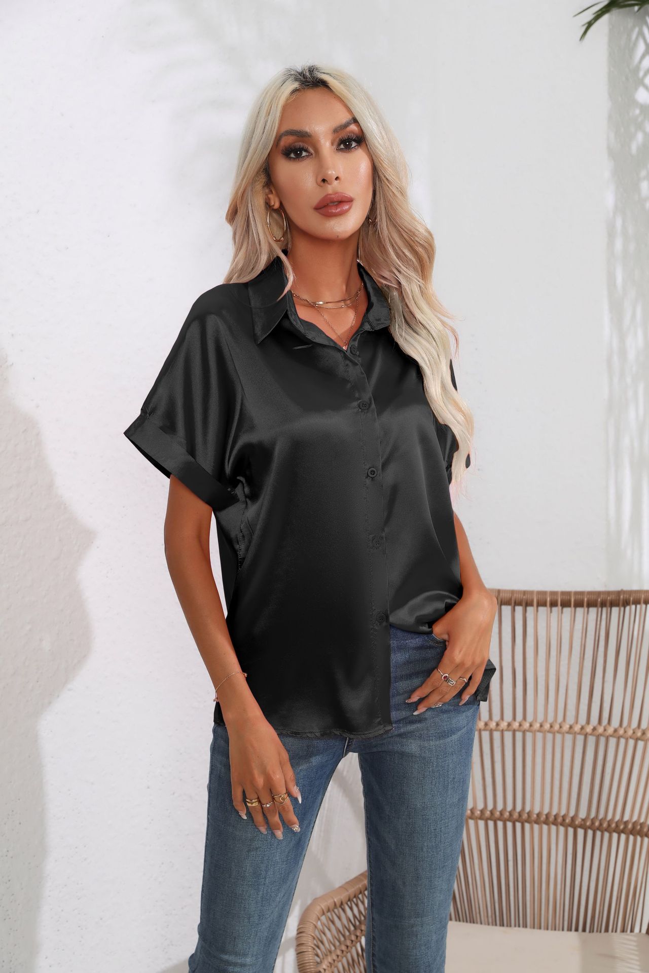Cuffed Satin Shirt Womens Silk-Like Short-Sleeve Blouse