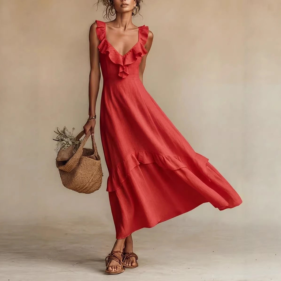 Elegant And Chic Cotton-Linen Dress With Ruffled Flutter Sleeves And A Flowing Hem