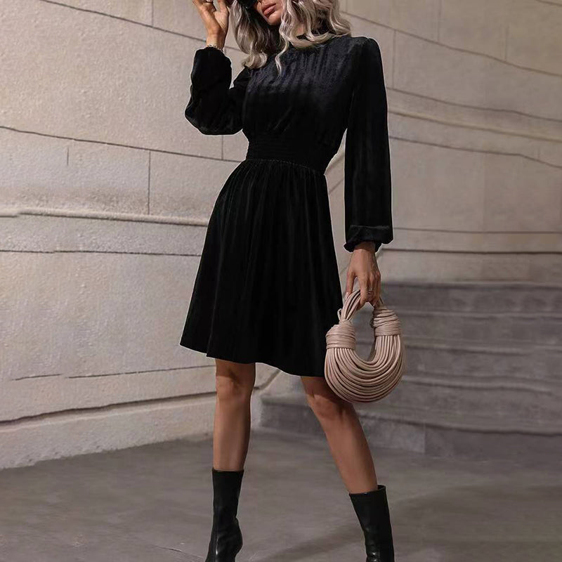 Women's Mock Neck Velvet Midi Dress, Smocked Waist Long Sleeve Casual Dress